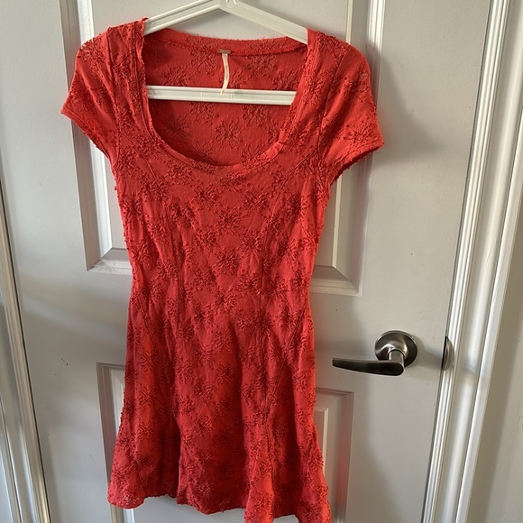 Free People Daisy Godet fitted mini dress in vibrant peach persimmon boho - Picture 4 of 7